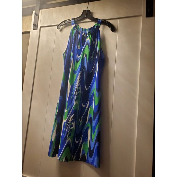 Jude Connally Blue & Green Swirl Print Sleeveless Keyhole Neckline Dress Small - Picture 3 of 10